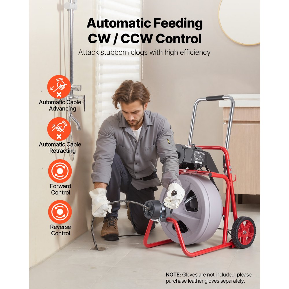 VEVOR Drain Cleaner Machine 100 FT x 1/2 Inch, Auto Feed Sewer Snake Drain Auger on Wheels, Portable Drain Cleaning