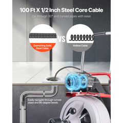 VEVOR Drain Cleaner Machine 100 FT x 1/2 Inch, Auto Feed Sewer Snake Drain Auger on Wheels, Portable Drain Cleaning