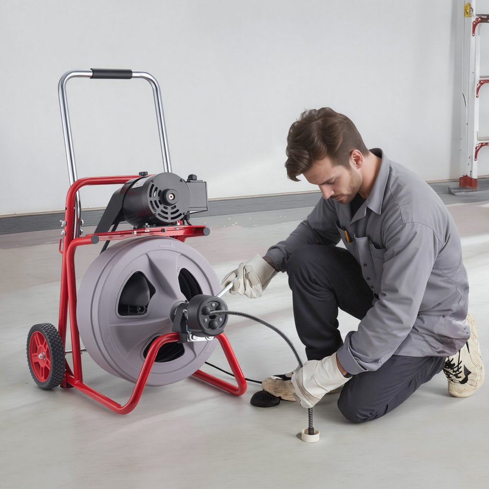 VEVOR Drain Cleaner Machine 100 FT x 1/2 Inch, Auto Feed Sewer Snake Drain Auger on Wheels, Portable Drain Cleaning