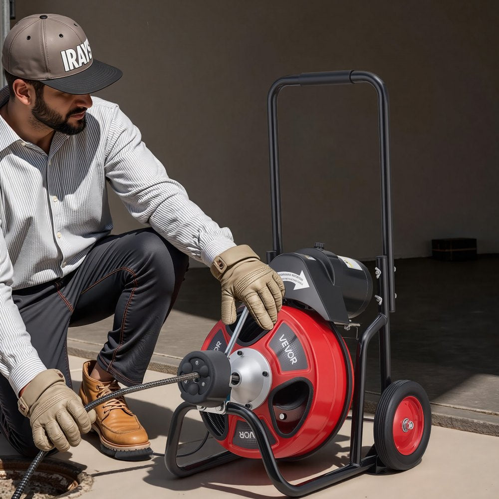 VEVOR Drain Cleaner Machine 75 FT x 1/2 Inch, Auto Feed Sewer Snake Auger on Wheels, Portable Drain Cleaning Machine