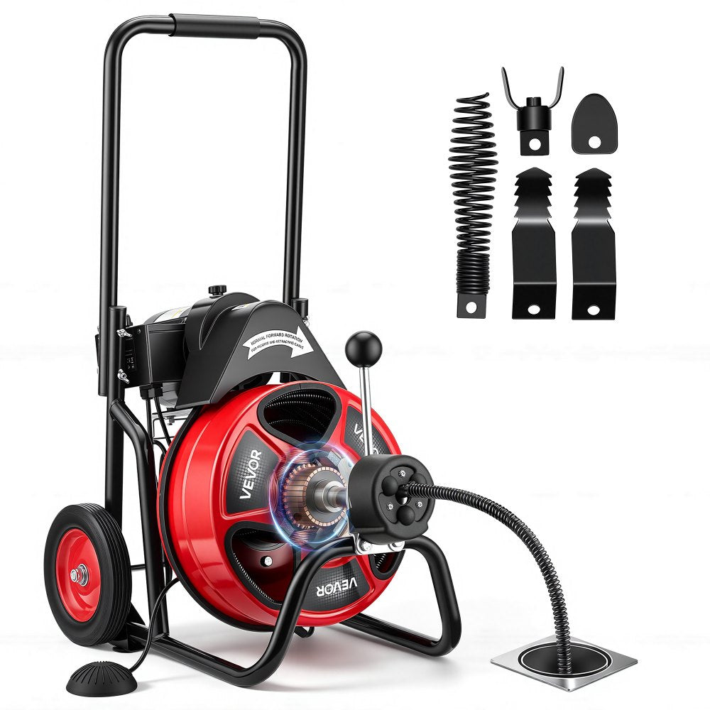 VEVOR Drain Cleaner Machine 100 FT x 1/2 Inch, Auto Feed Sewer Snake Auger on Wheels, Portable Drain Cleaning Machine
