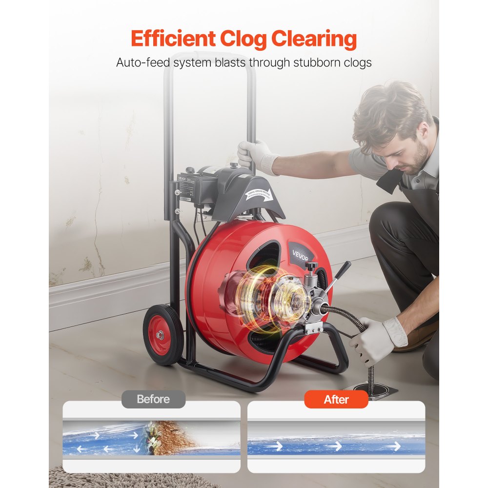 VEVOR Drain Cleaner Machine 100 FT x 3/4 Inch, Auto Feed Sewer Snake Auger on Wheels, Portable Drain Cleaning Machine