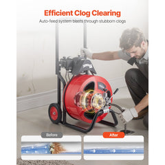 VEVOR Drain Cleaner Machine 100 FT x 3/4 Inch, Auto Feed Sewer Snake Auger on Wheels, Portable Drain Cleaning Machine