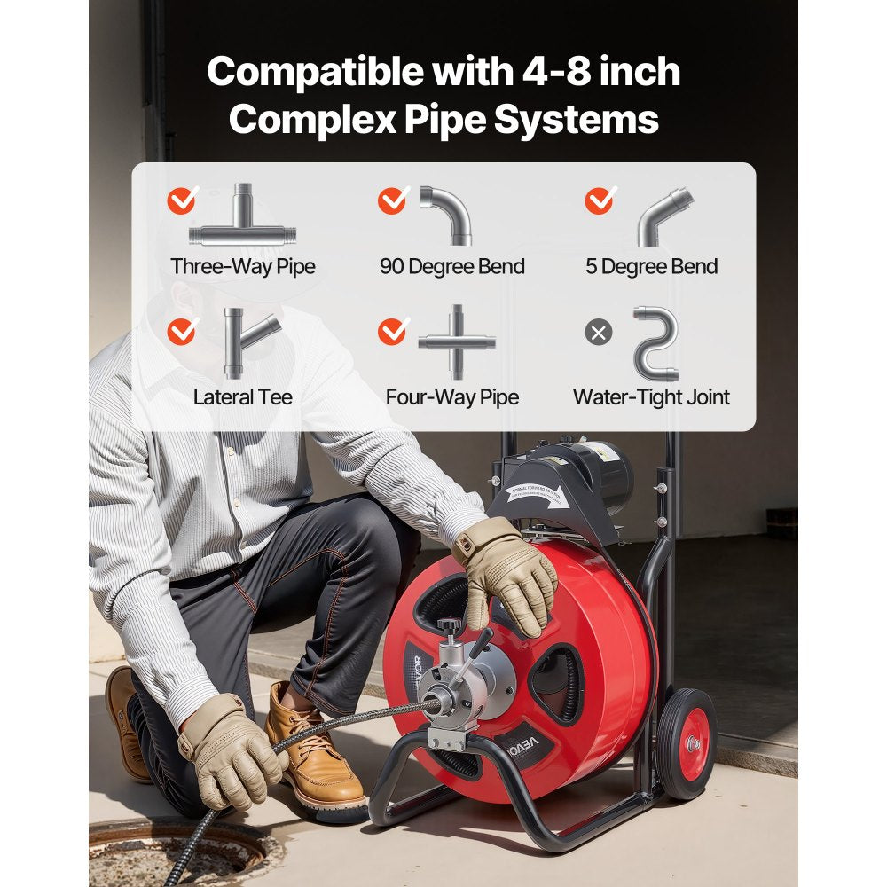 VEVOR Drain Cleaner Machine 100 FT x 3/4 Inch, Auto Feed Sewer Snake Auger on Wheels, Portable Drain Cleaning Machine