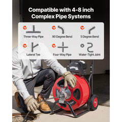 VEVOR Drain Cleaner Machine 100 FT x 3/4 Inch, Auto Feed Sewer Snake Auger on Wheels, Portable Drain Cleaning Machine