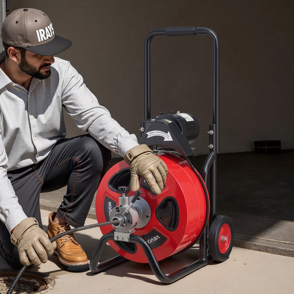 VEVOR Drain Cleaner Machine 100 FT x 3/4 Inch, Auto Feed Sewer Snake Auger on Wheels, Portable Drain Cleaning Machine