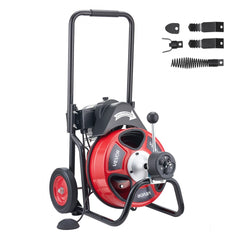 VEVOR Drain Cleaner Machine 100 FT x 3/8 Inch, Auto Feed Sewer Snake Auger on Wheels, Portable Drain Cleaning Machine