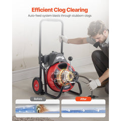 VEVOR Drain Cleaner Machine 75 FT x 3/8 Inch, Auto Feed Sewer Snake Auger on Wheels, Portable Drain Cleaning Machine