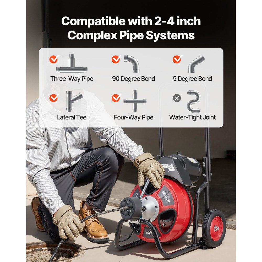 VEVOR Drain Cleaner Machine 75 FT x 3/8 Inch, Auto Feed Sewer Snake Auger on Wheels, Portable Drain Cleaning Machine