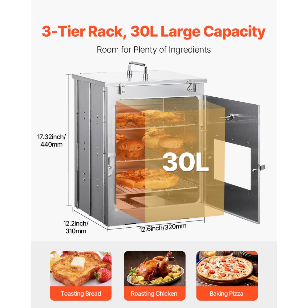 VEVOR Foldable Camping Oven, Stainless Steel Portable Camping Stove, with 3 Tier Grill, Handle and Thermometer, Use
