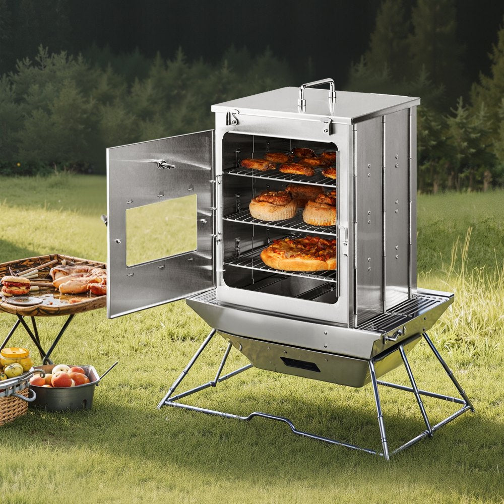 VEVOR Foldable Camping Oven, Stainless Steel Portable Camping Stove, with 3 Tier Grill, Handle and Thermometer, Use