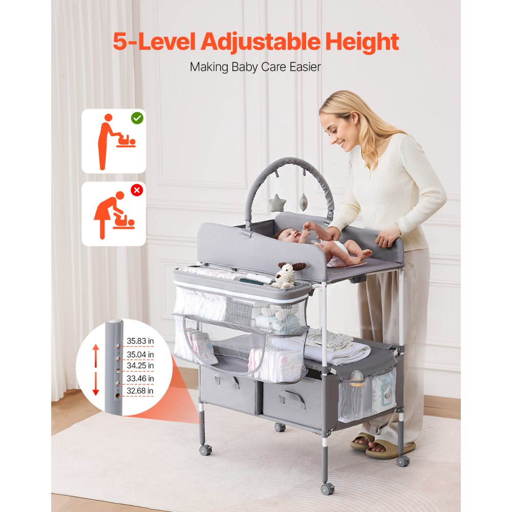 VEVOR Baby Changing Table, Foldable Diaper Change Station with 2 Fabric Drawers, Side Basket & Hanging Rod, Adjustable