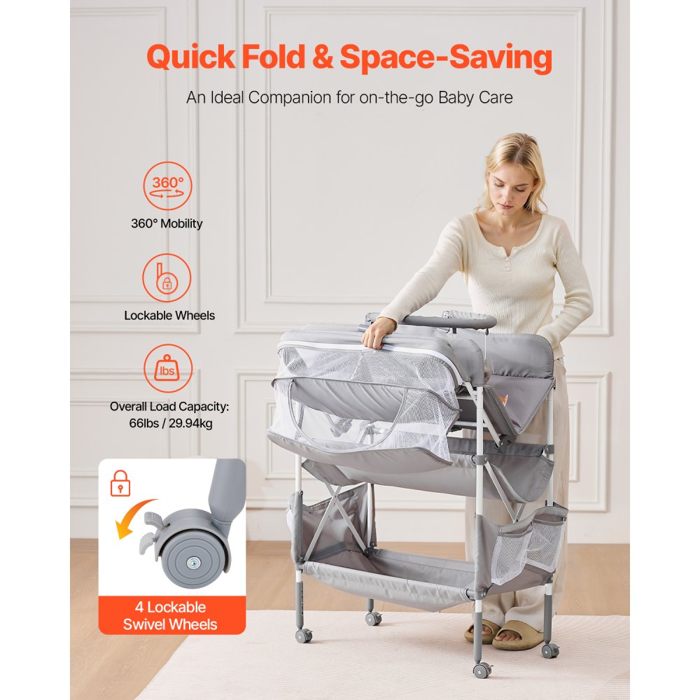VEVOR Baby Changing Table, Foldable Diaper Change Station with 2 Fabric Drawers, Side Basket & Hanging Rod, Adjustable