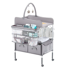 VEVOR Baby Changing Table, Foldable Diaper Change Station with 2 Fabric Drawers, Side Basket & Hanging Rod, Adjustable
