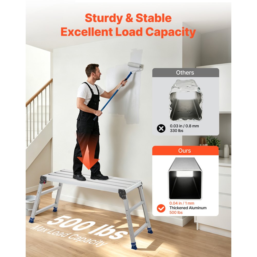 VEVOR Folding Work Platform, Adjustable Height 23-34.5 in, 40 x 18 in Aluminum Step Stool, 500 lbs Load Capacity, Heavy