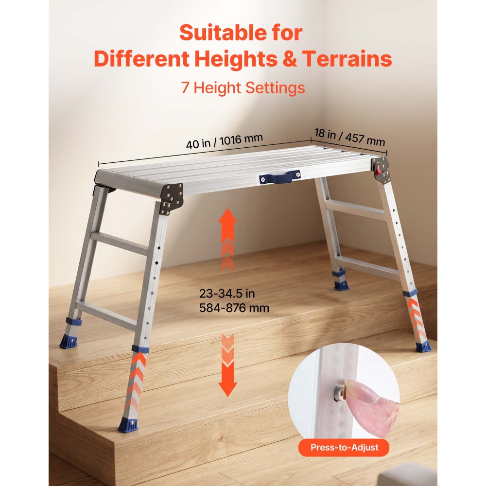 VEVOR Folding Work Platform, Adjustable Height 23-34.5 in, 40 x 18 in Aluminum Step Stool, 500 lbs Load Capacity, Heavy