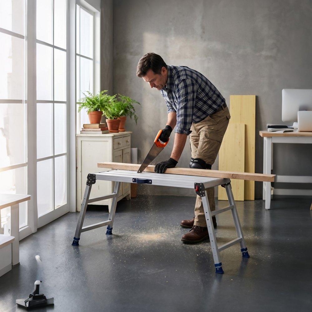VEVOR Folding Work Platform, Adjustable Height 23-34.5 in, 40 x 18 in Aluminum Step Stool, 500 lbs Load Capacity, Heavy