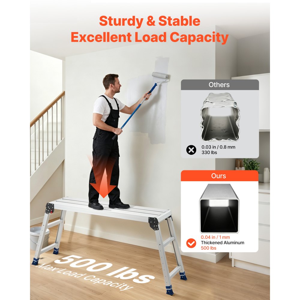 VEVOR Folding Work Platform, Adjustable Height 23-34.5 in, 40 x 12 in Aluminum Step Stool, 500 lbs Load Capacity, Heavy