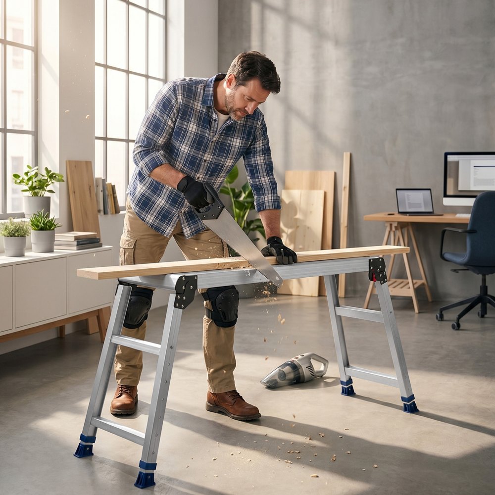 VEVOR Folding Work Platform, Adjustable Height 23-34.5 in, 40 x 12 in Aluminum Step Stool, 500 lbs Load Capacity, Heavy