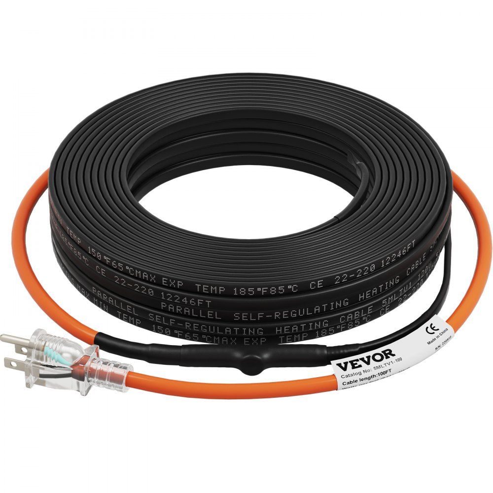 VEVOR Self-Regulating Pipe Heating Cable, 100-feet 5W/ft Heat Tape for Pipes Freeze Protection, Protects PVC Hose