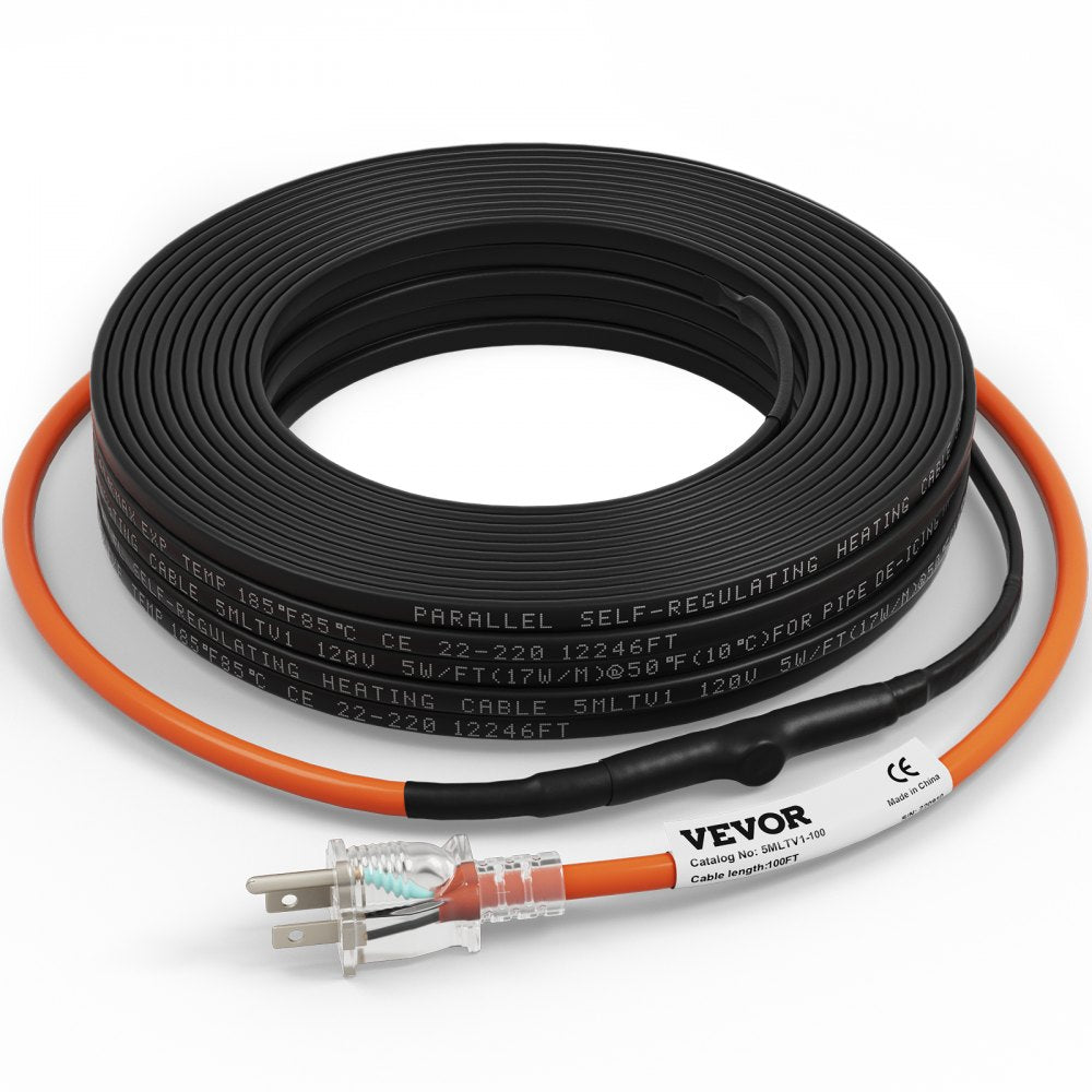 VEVOR Self-Regulating Pipe Heating Cable, 100-feet 5W/ft Heat Tape for Pipes Freeze Protection, Protects PVC Hose