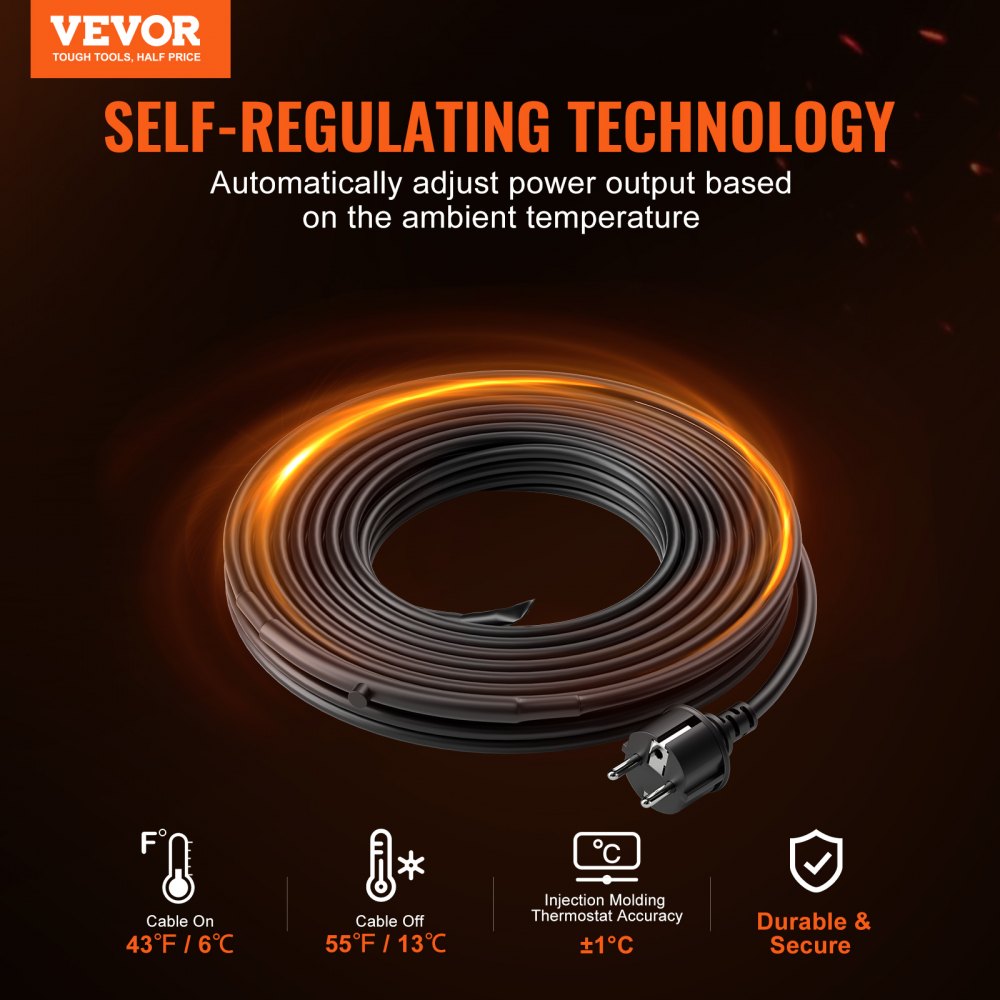 VEVOR Self-Regulating Pipe Heating Cable, 60-feet 5W/ft Heat Tape for Pipes Freeze Protection, Protects PVC Hose, Metal