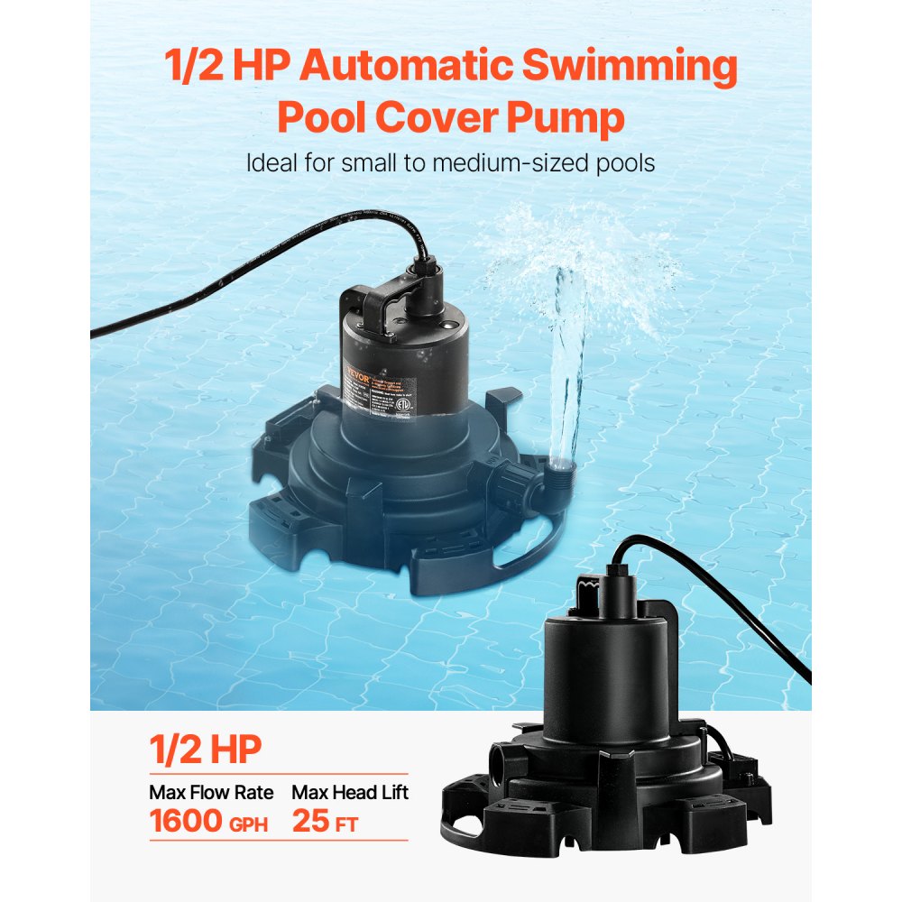 VEVOR Automatic Pool Cover Pump, 1/2 HP 1600 GPH, 120V Submersible Swimming Pool Cover Pump with 25 ft Power Cord, 25