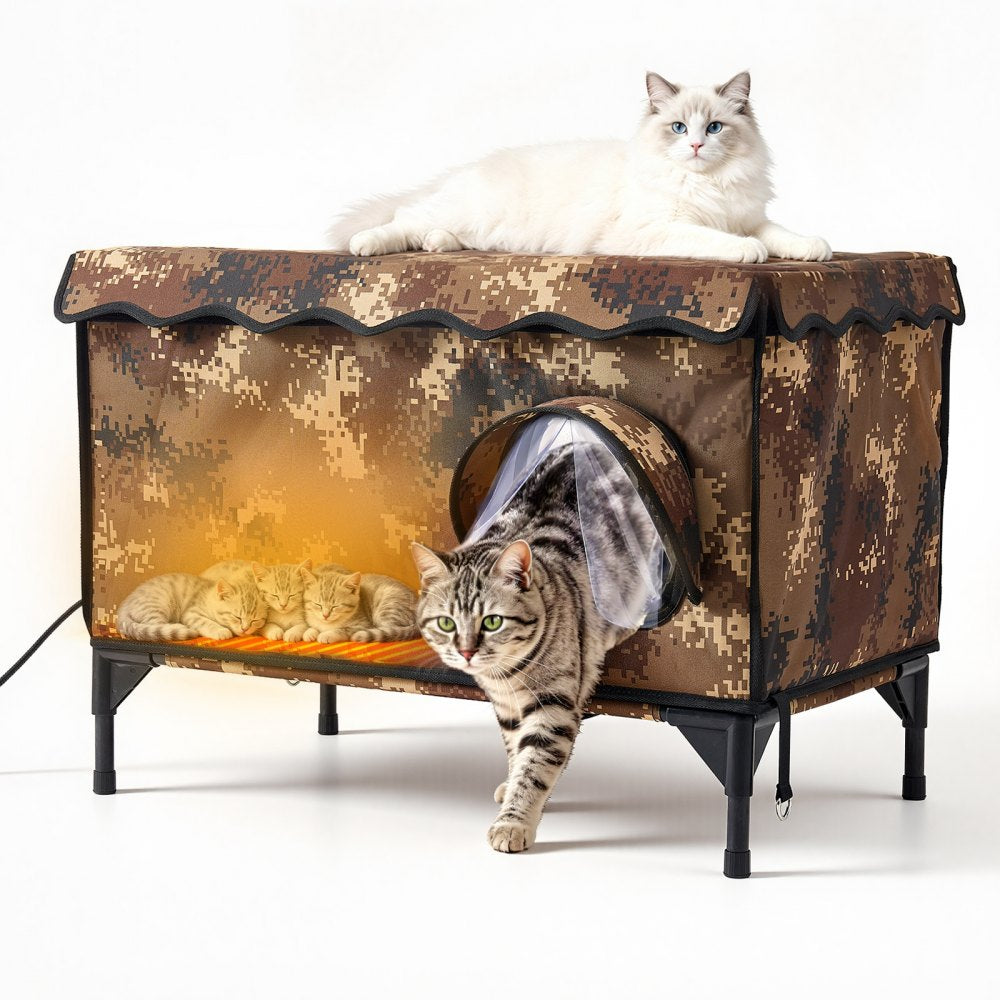 VEVOR Elevated Heated Cat House 25.4W Insulated Shelter with Heated Pad, for Indoor Outdoor Winter Use, 2-Door &