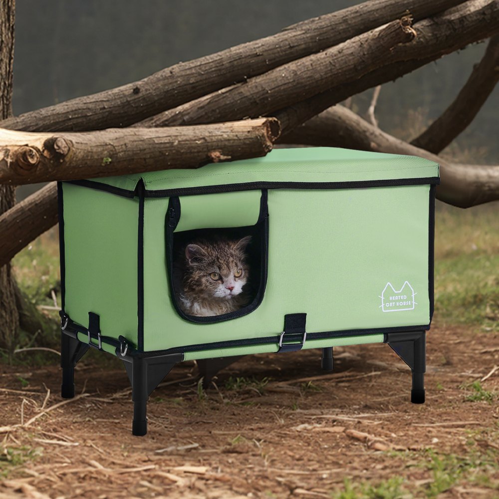 VEVOR Elevated Heated Cat House, Cuboid Kitty Shelter with Adjustable Temperature and Timer, 900D Oxford Cloth Foldable