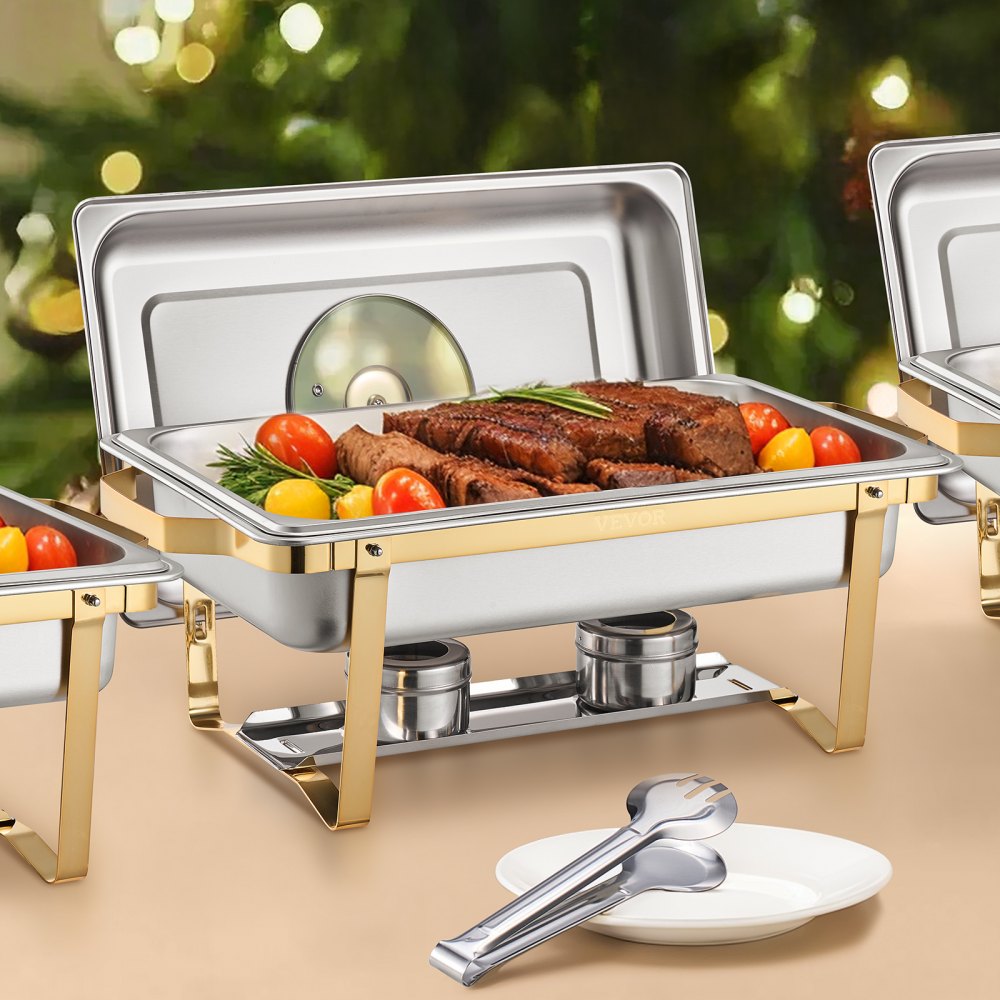 VEVOR Chafing Dish Buffet Set, 8 Qt 4 Pack, Stainless Steel Chafer with 4 Full Size Pans, Rectangle Catering Warmer