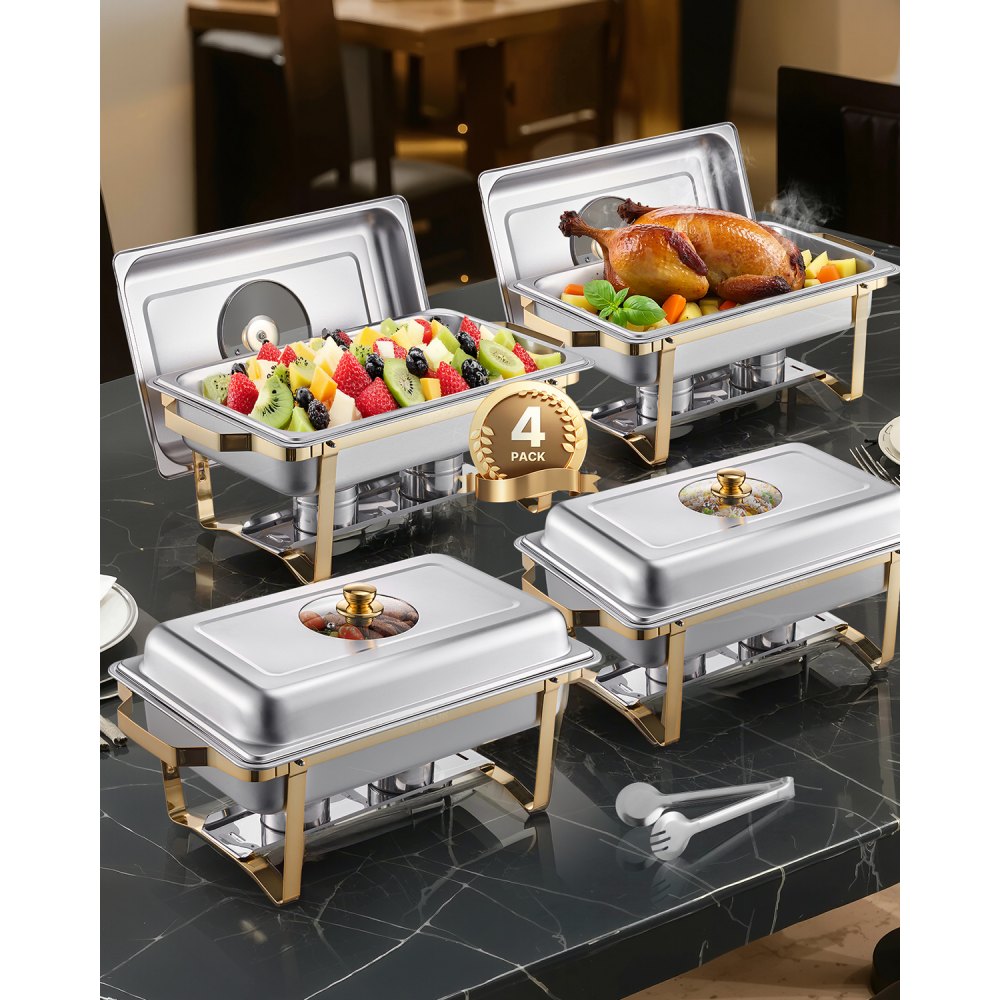 VEVOR Chafing Dish Buffet Set, 8 Qt 4 Pack, Stainless Steel Chafer with 4 Full Size Pans, Rectangle Catering Warmer