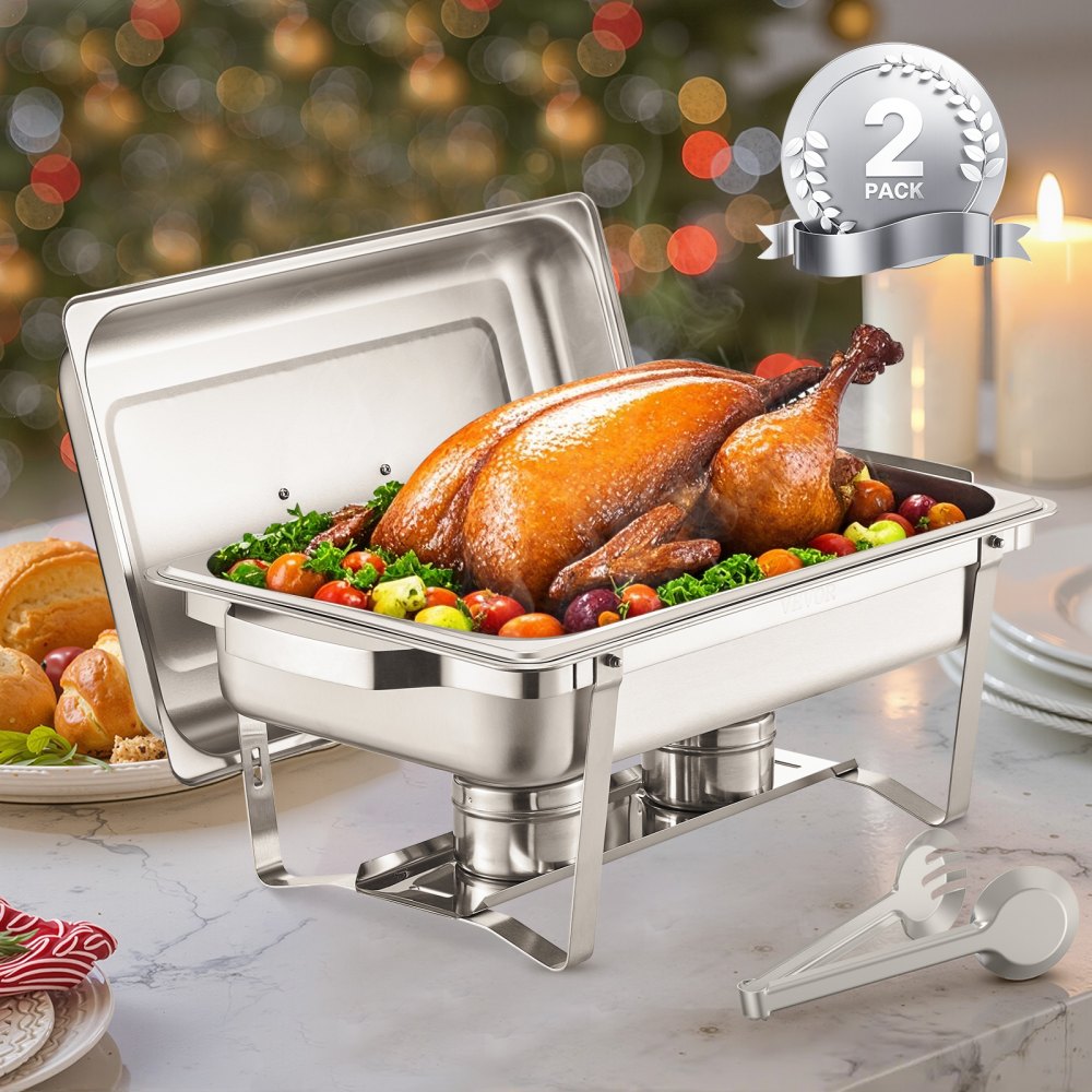 VEVOR Chafing Dish Buffet Set, 8 Qt 2 Pack, Stainless Steel Chafer with 2 Full Size Pans, Rectangle Catering Warmer