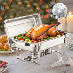 VEVOR Chafing Dish Buffet Set, 8 Qt 2 Pack, Stainless Steel Chafer with 2 Full Size Pans, Rectangle Catering Warmer