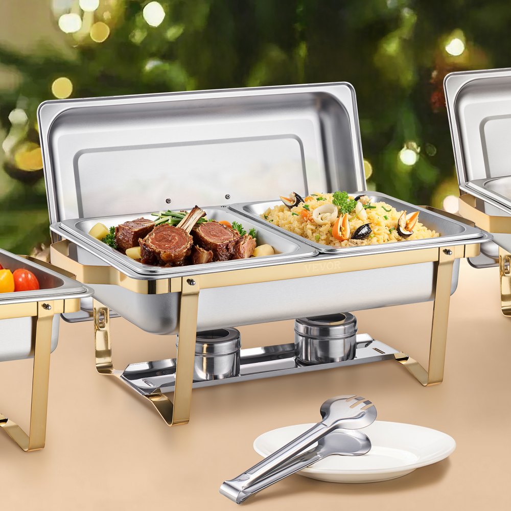 VEVOR Chafing Dish Buffet Set, 8 Qt 4 Pack, Stainless Steel Chafer with 2 Full Size and 4 Half Size Pans, Rectangle