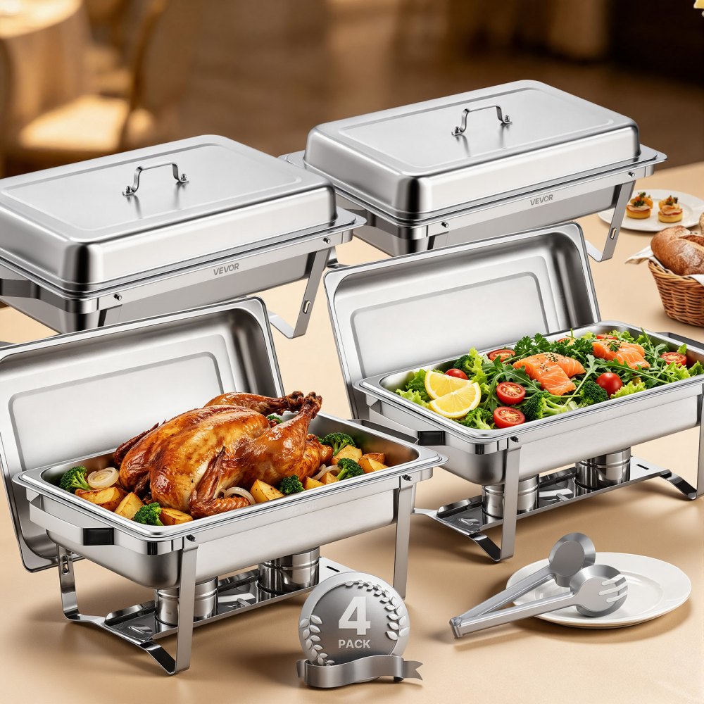 VEVOR Chafing Dish Buffet Set, 8 Qt 4 Pack, Stainless Steel Chafer with 4 Full Size Pans, Rectangle Catering Warmer