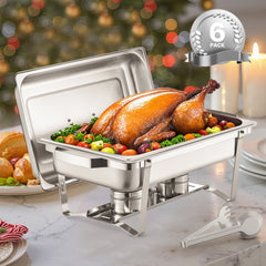 VEVOR Chafing Dish Buffet Set, 8 Qt 6 Pack, Stainless Steel Chafer with 6 Full Size Pans, Rectangle Catering Warmer