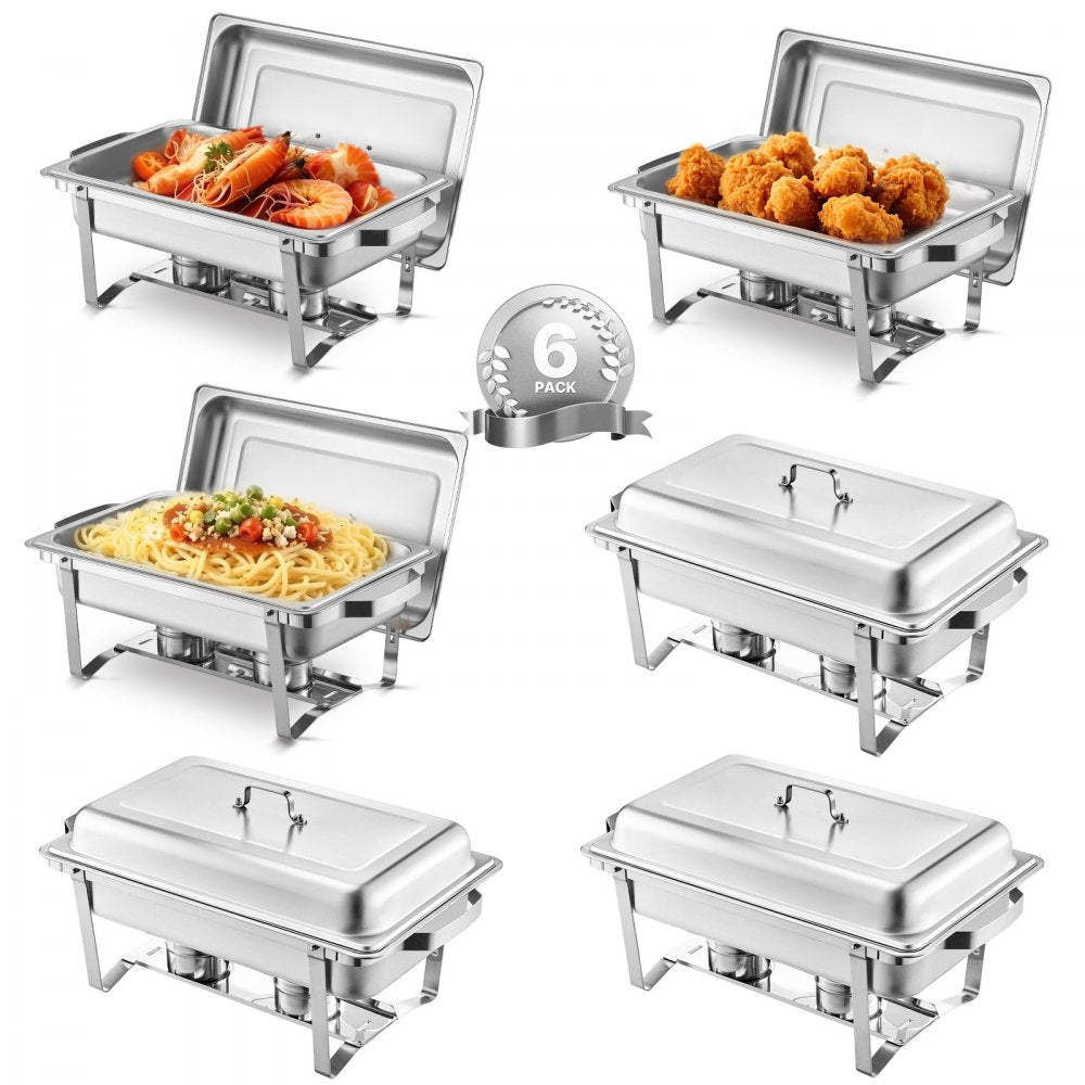 VEVOR Chafing Dish Buffet Set, 8 Qt 6 Pack, Stainless Steel Chafer with 6 Full Size Pans, Rectangle Catering Warmer