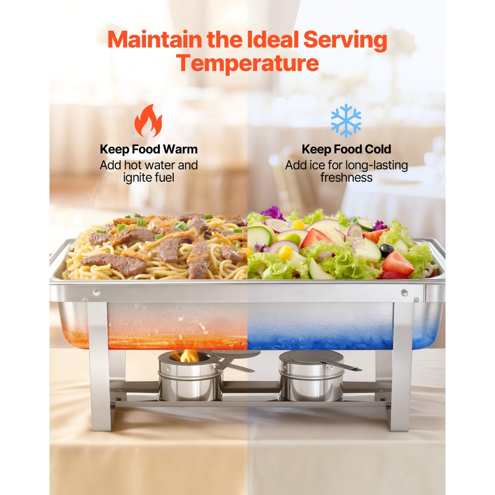 VEVOR Rectangle Chafing Dish, 9 Qt 2 Pack Stainless Steel Chafing Dish, Food Warmer Chafer Complete Set with Hollow