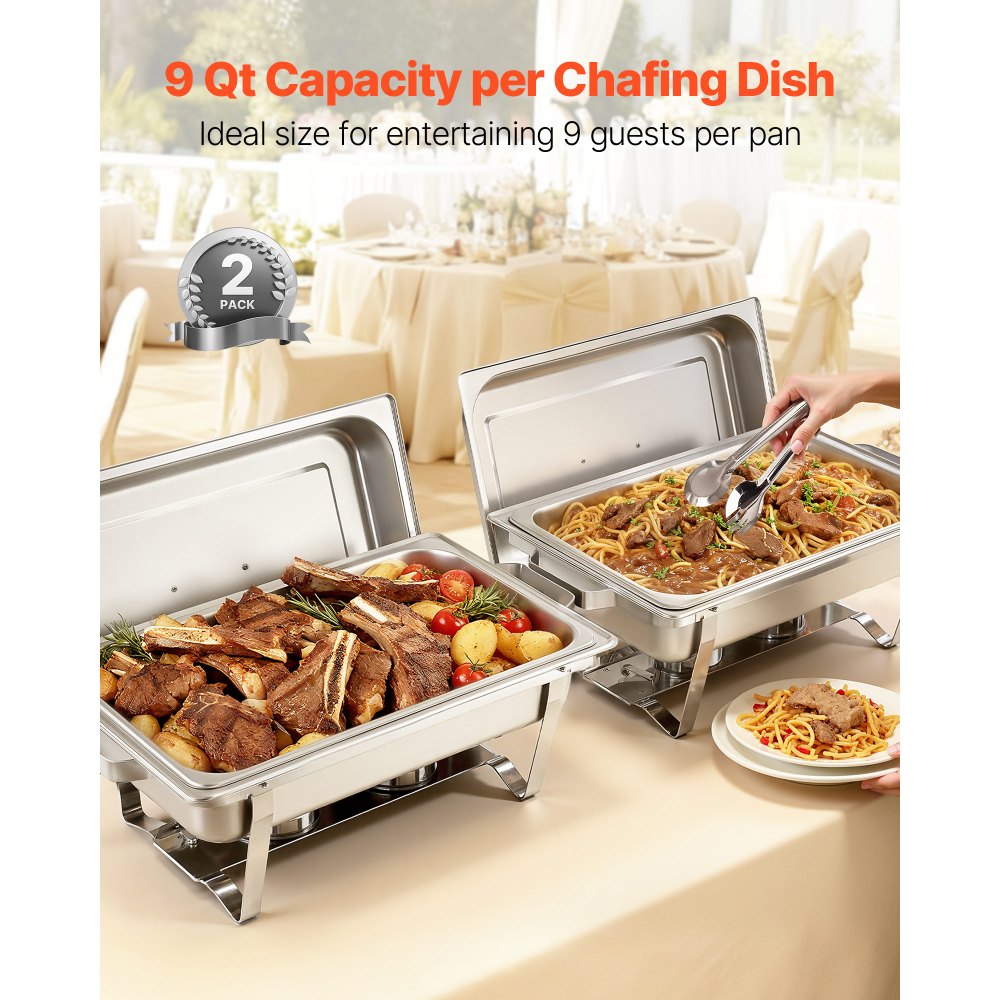 VEVOR Rectangle Chafing Dish, 9 Qt 2 Pack Stainless Steel Chafing Dish, Food Warmer Chafer Complete Set with Hollow