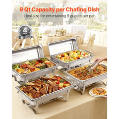 VEVOR Rectangle Chafing Dish, 9 Qt 4 Pack Stainless Steel Chafing Dish, Food Warmer Chafer Complete Set with Hollow