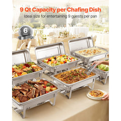 VEVOR Rectangle Chafing Dish, 9 Qt 6 Pack Stainless Steel Chafing Dish, Food Warmer Chafer Complete Set with Hollow