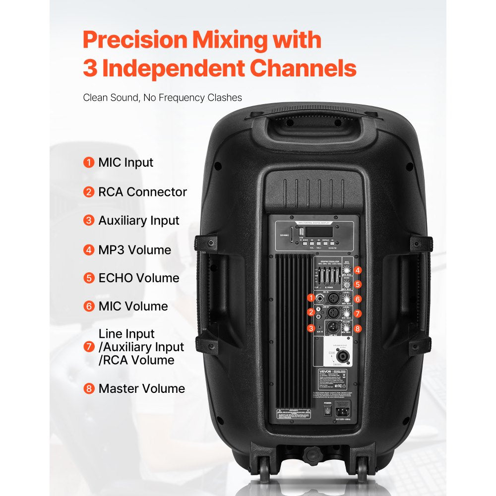 VEVOR Portable PA System, 2000W (PMPO) Powered, Sound System Set with 3 Channel Mixer, Dual Speakers, Wireless