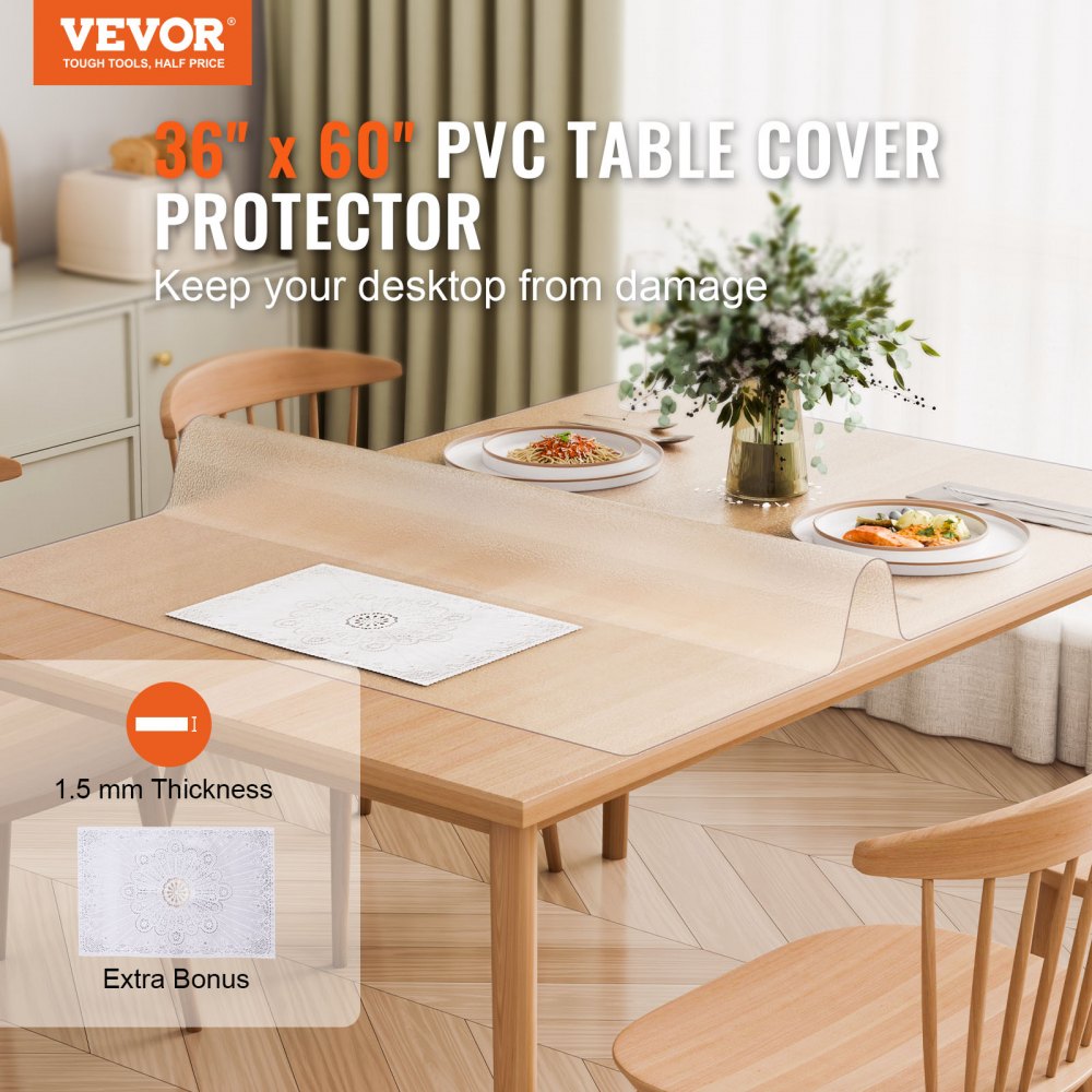 VEVOR Plastic Table Cover, 36 x 60 Inch 1.5 mm Thick Frosted Table Protector, Rectangle PVC Desk Mat, Waterproof & Easy