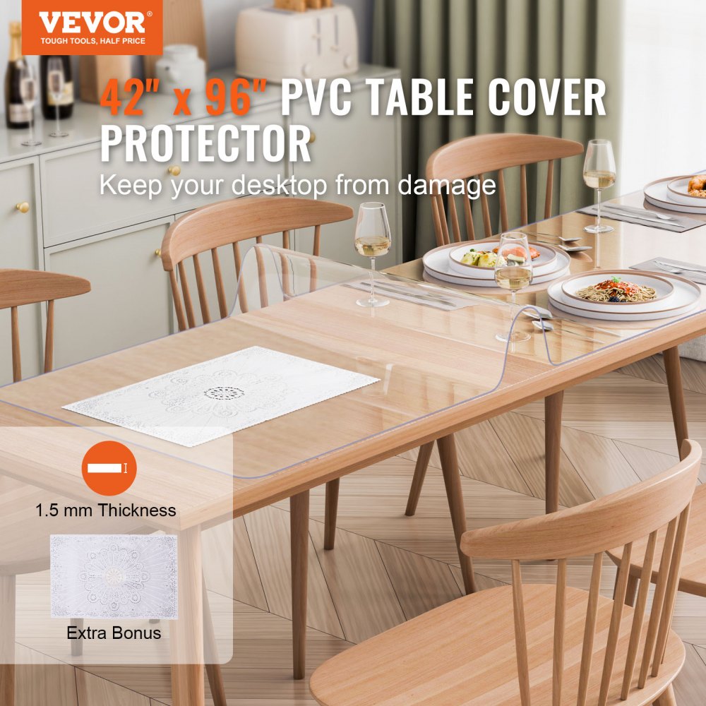 VEVOR Plastic Table Cover, 42 x 96 Inch 1.5 mm Thick Clear Table Protector, Rectangle PVC Desk Mat, Waterproof & Easy