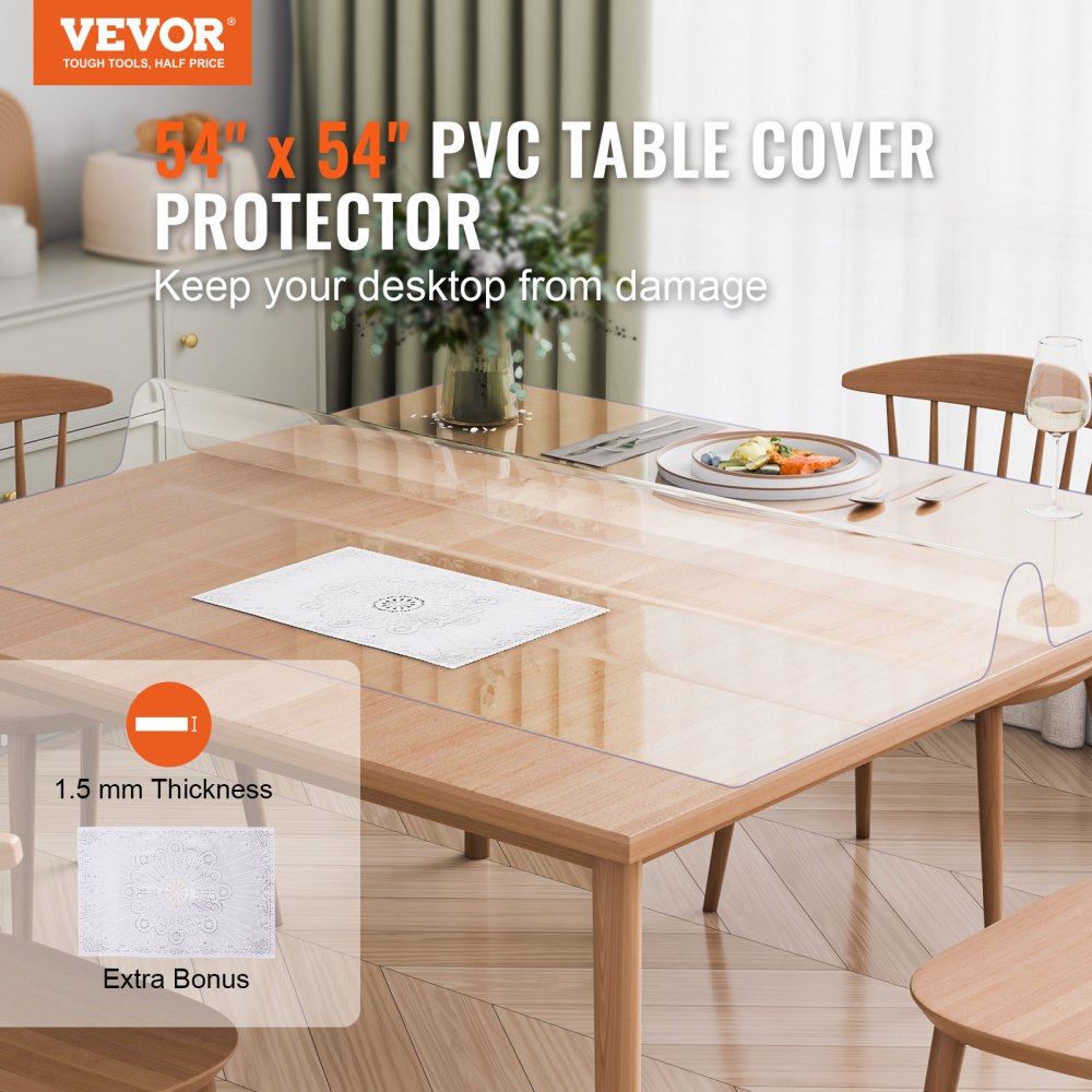 VEVOR Plastic Table Cover, 54 x 54 Inch 1.5 mm Thick Clear Table Protector, Square PVC Desk Mat, Waterproof & Easy