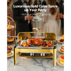 VEVOR Roll Top Chafing Dish Buffet Complete Set, 9Qt Stainless Steel Chafer with Full Size Pan, Rectangle Catering