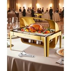 VEVOR Roll Top Chafing Dish Buffet Complete Set, 9Qt Stainless Steel Chafer with Full Size Pan, Rectangle Catering