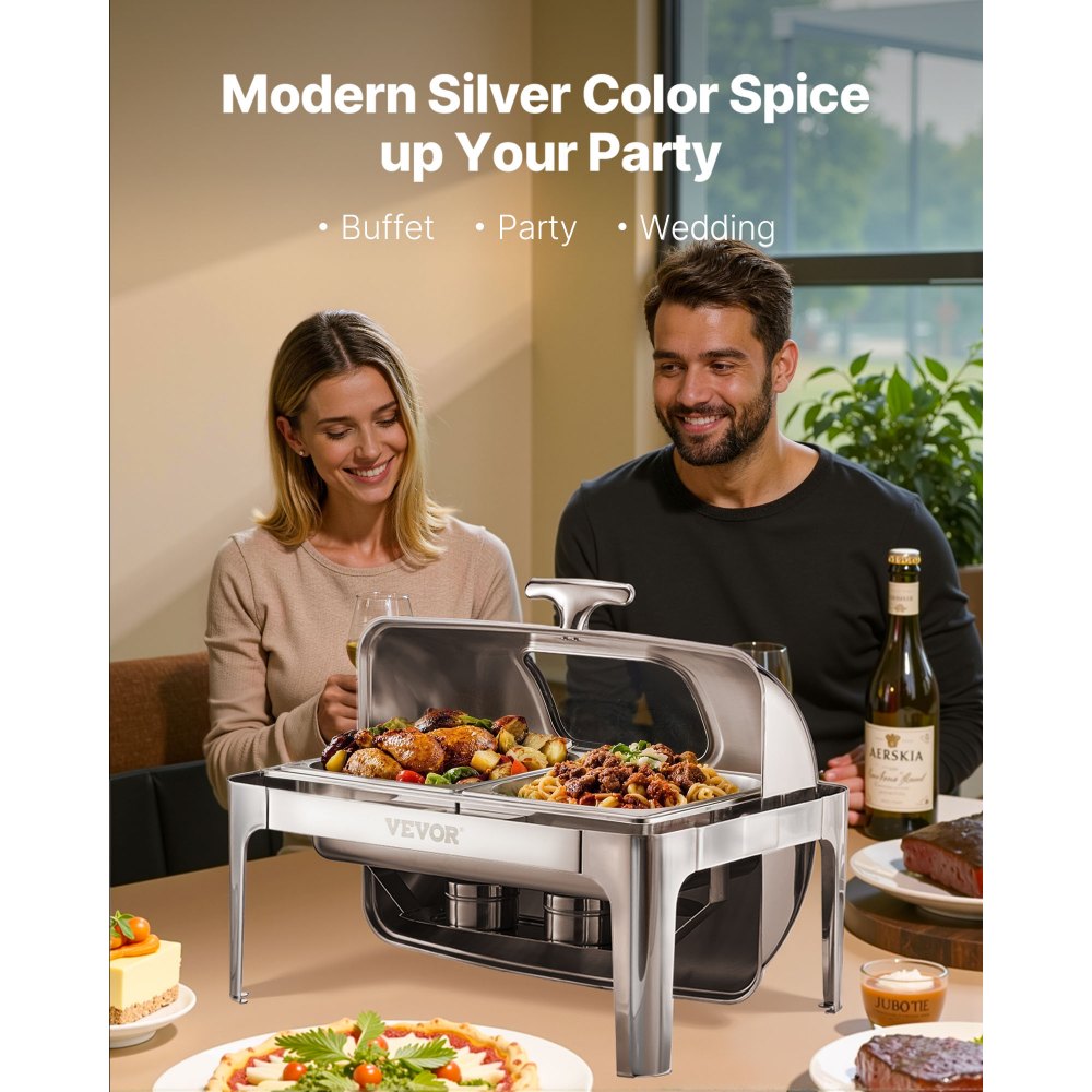 VEVOR Roll Top Chafing Dish Buffet Complete Set, 9 Qt 1 Pack Stainless Steel Chafer with 2 Half Size Pans, Rectangle