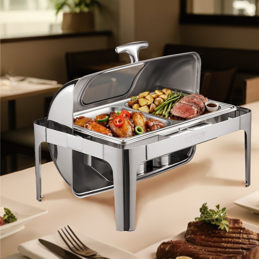 VEVOR Roll Top Chafing Dish Buffet Complete Set, 9 Qt 1 Pack Stainless Steel Chafer with 2 Half Size Pans, Rectangle