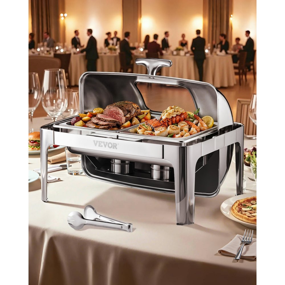 VEVOR Roll Top Chafing Dish Buffet Complete Set, 9 Qt 1 Pack Stainless Steel Chafer with 2 Half Size Pans, Rectangle